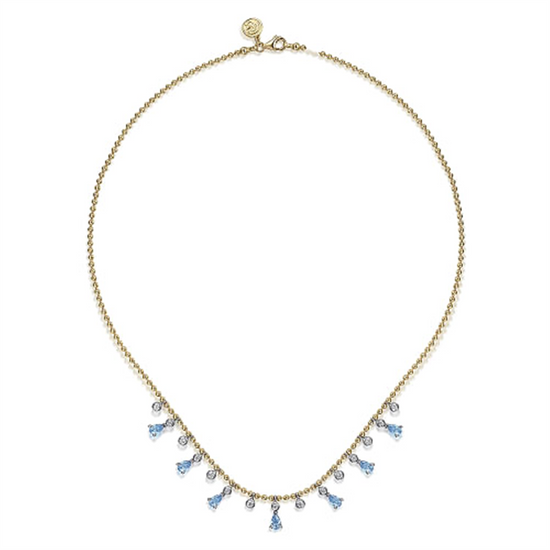 Gabriel & Co. Two Tone Bead Chain Diamond & Blue Topaz Droplet Necklace