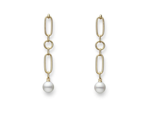 Mikimoto Gold M Code Chain Pearl Drop Earrings