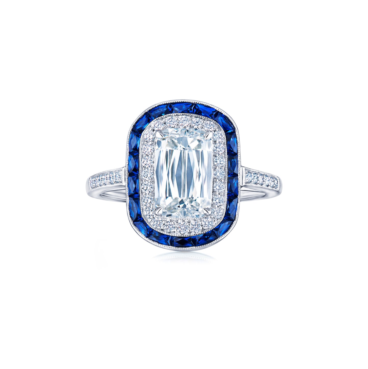 Emerald cut diamond ring with blue sapphire halo
