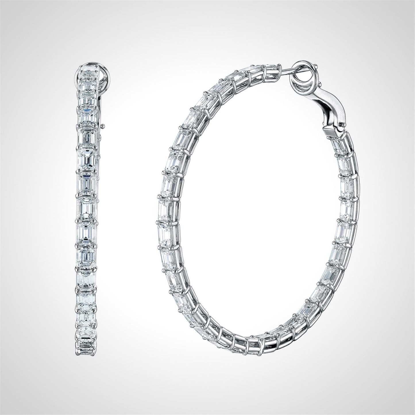 Couture Emerald Cut Diamond Hoop Earrings in 18k White & 6ct Diamonds