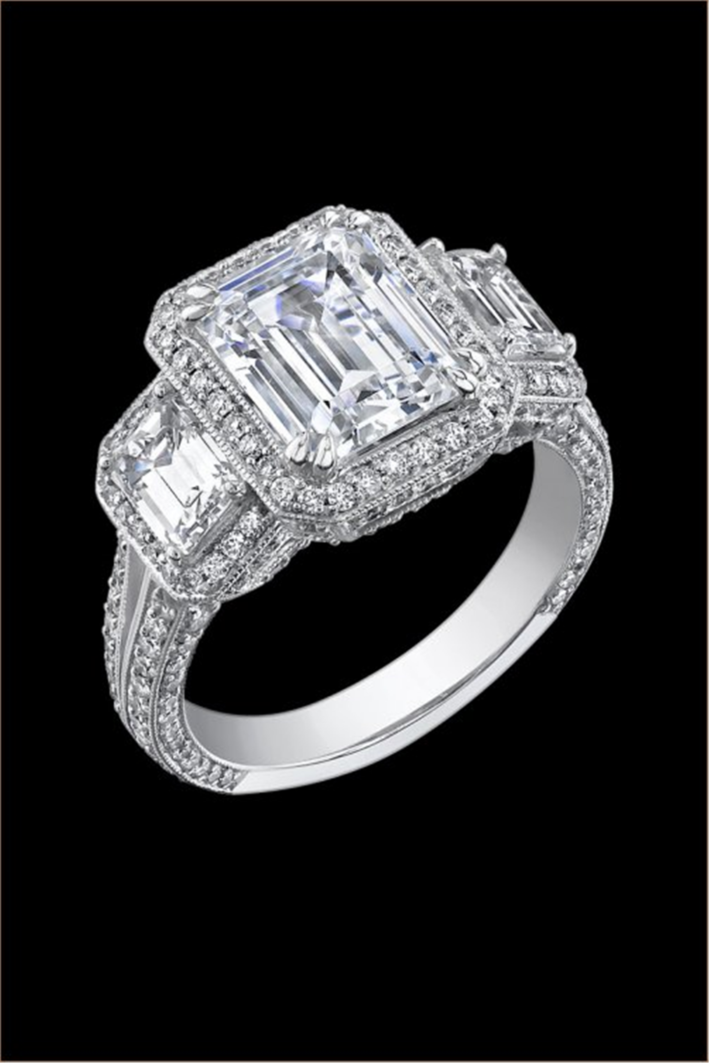 Couture 3 Stone & Diamond Halo Ring Setting in 18k White Gold