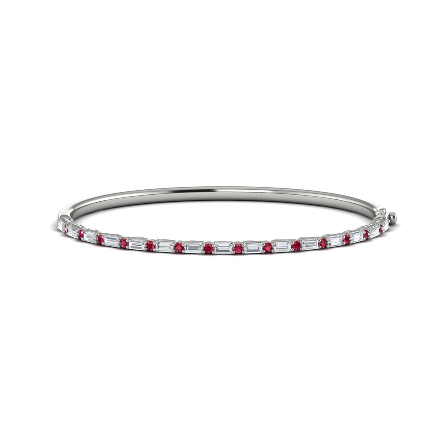 Couture Baguette Cut Diamonds & Round Ruby Bangle in 14k White Gold