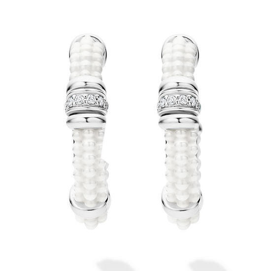 Lagos White Ceramic and Diamond Hoop Earrings