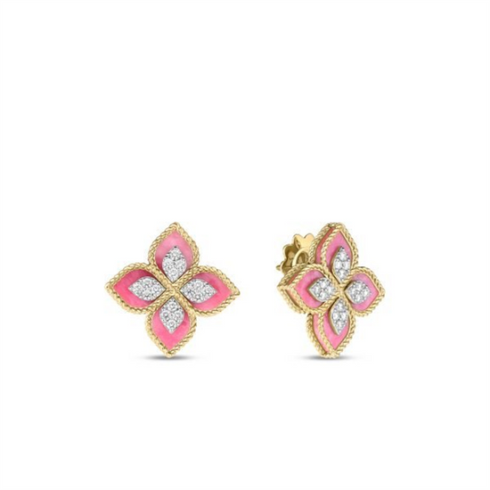 Roberto Coin Venetian Princess Diamond & Rhodonite Flower Stud Earrings in 18k Gold