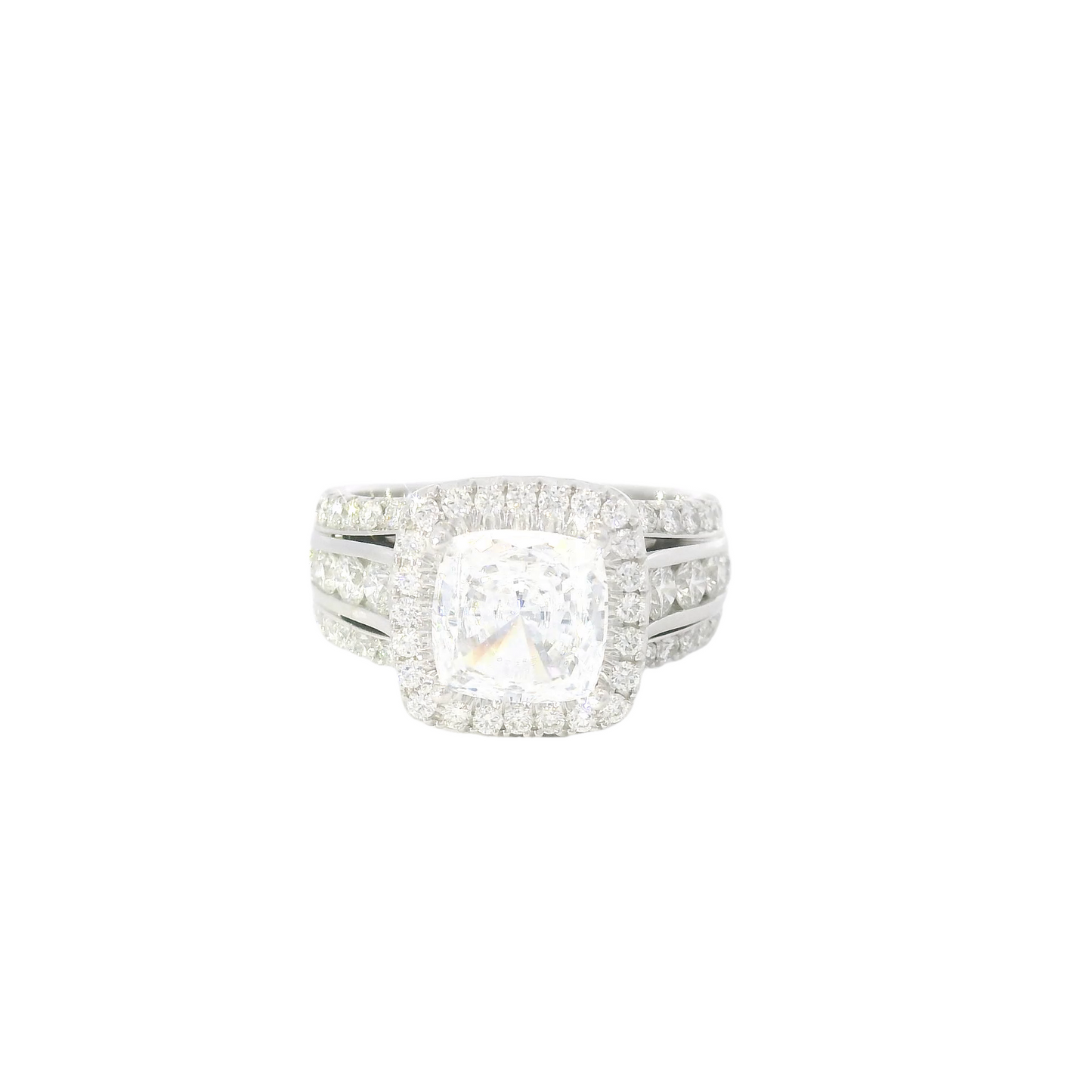 Cushion Center w/ Diamond Halo & 3-Row Diamond Sides Engagement Ring Setting