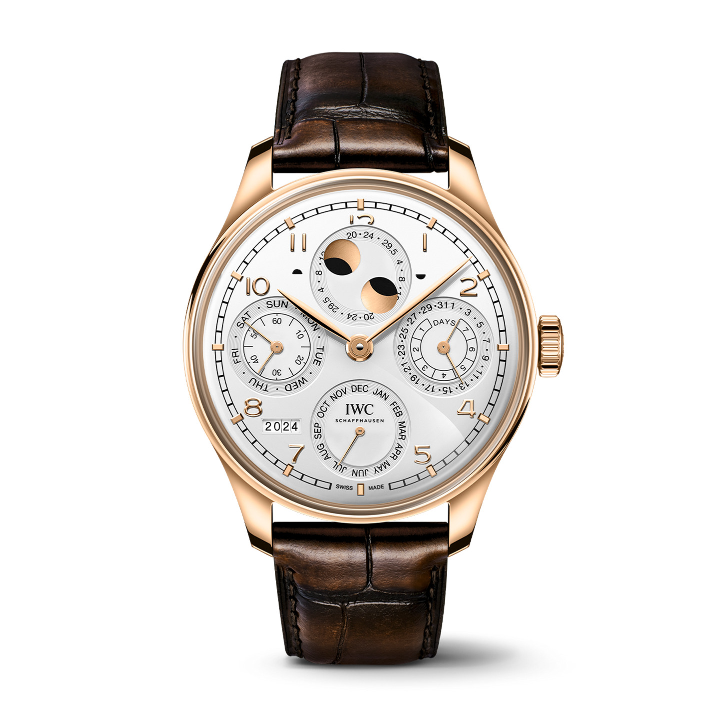 IWC Schaffhausen 18k Yellow Gold Portugieser Perpetual Calendar 44mm w/ Silver Dial and Dark Brown Gator Strap
