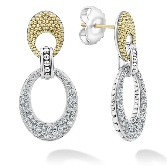 Gold Caviar Oval Diamond Drop Earrings