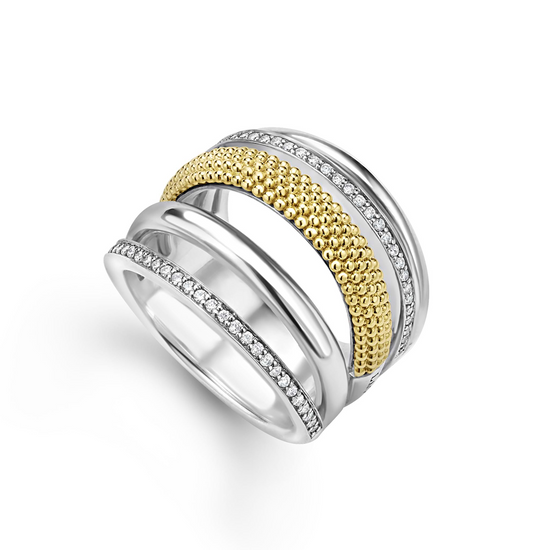 Lagos Two-Tone Five Row Diamond Ring in Sterling Silver & 18k Gold