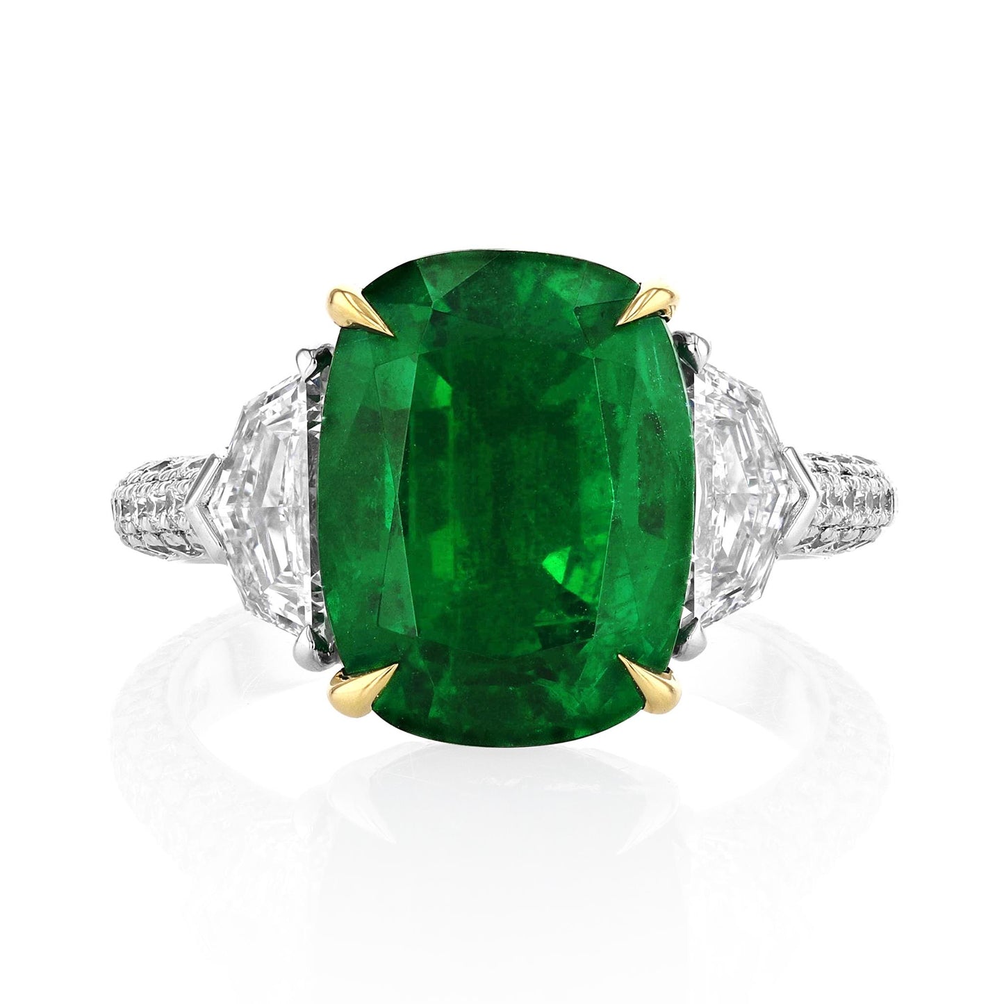 Joshua J Platinum 3.63ct Cushion Cut Emerald w/ Cadillac Diamonds & Pavé Shank