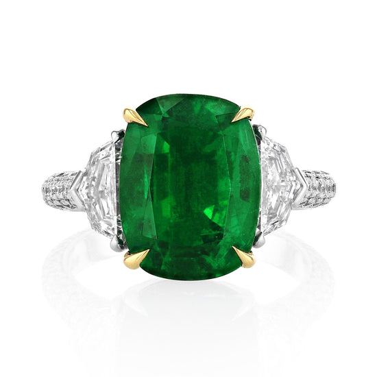 Joshua J Platinum 8.48ct Cushion Cut Emerald w/ Cadillac Diamonds & Pavé Shank