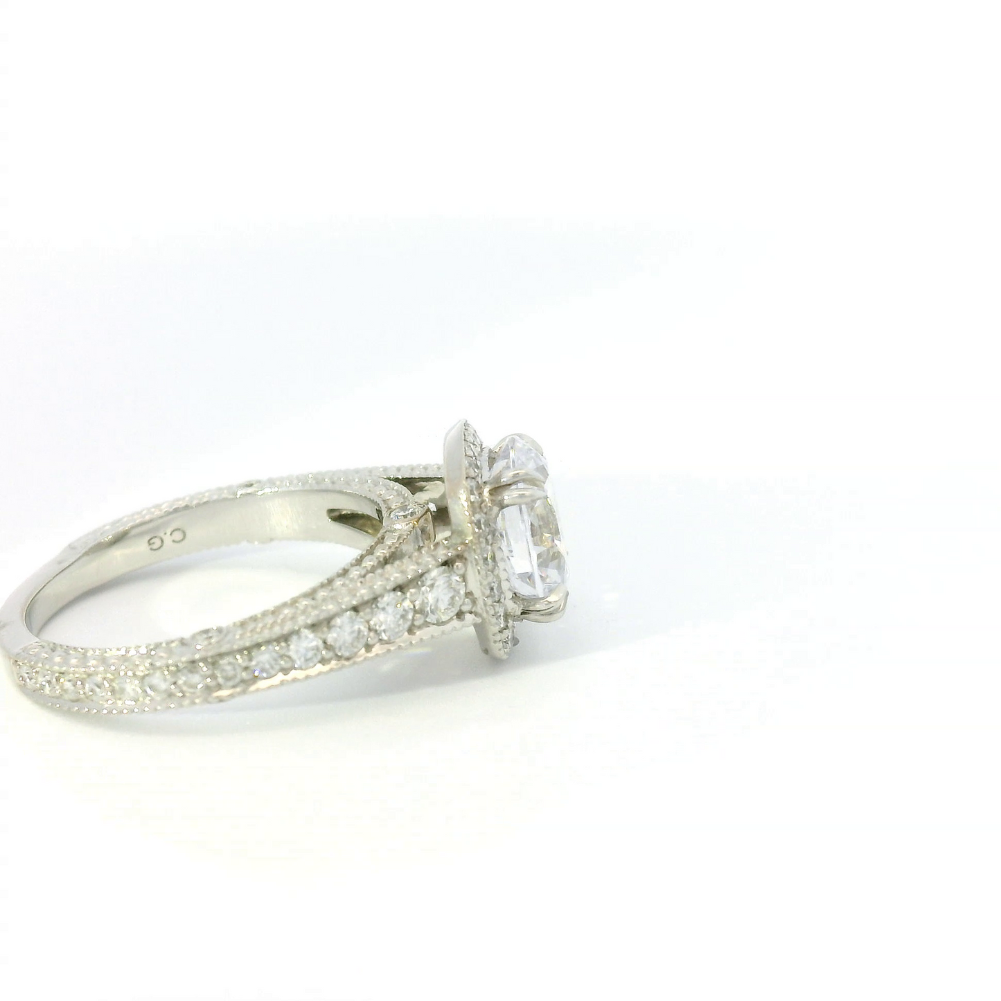 Couture Milgrain Beading Oval Center Engagement Ring Setting in 18k White Gold
