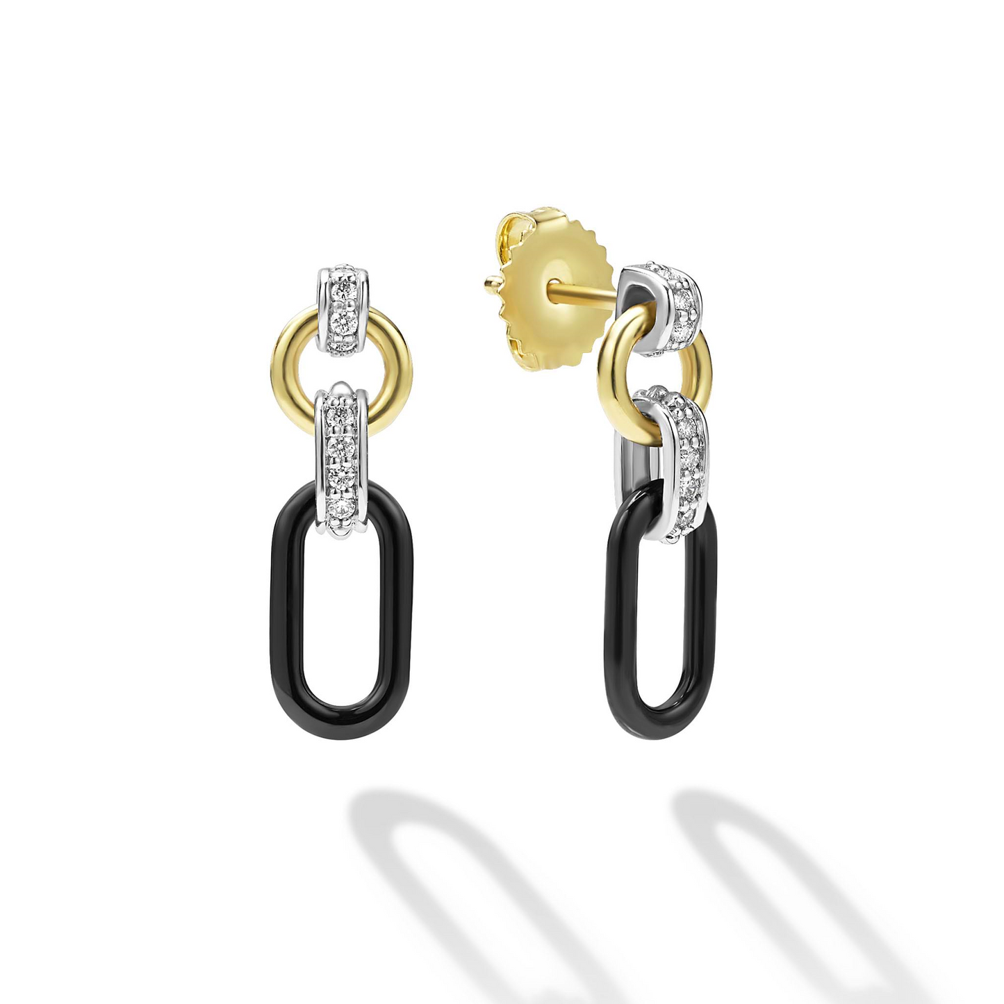 Lagos Diamond Link Drop Earrings, Small in 18k Gold and Black Ceramic