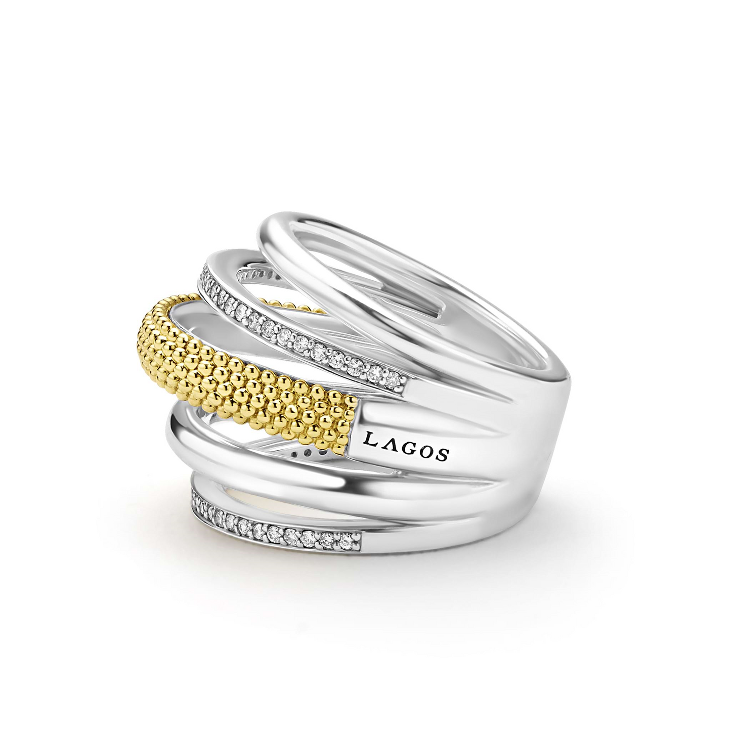 Lagos Two-Tone Five Row Diamond Ring in Sterling Silver & 18k Gold