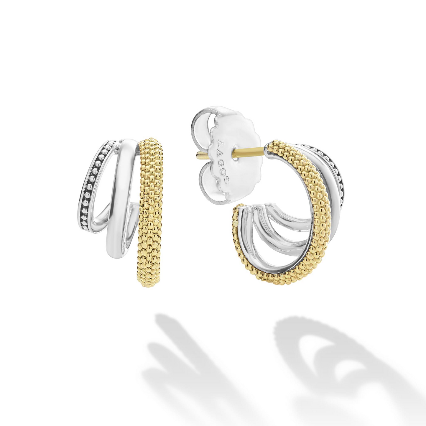 Lagos Two-Tone Three Ring Hoop Earrings in Sterling Silver and 18k Gold
