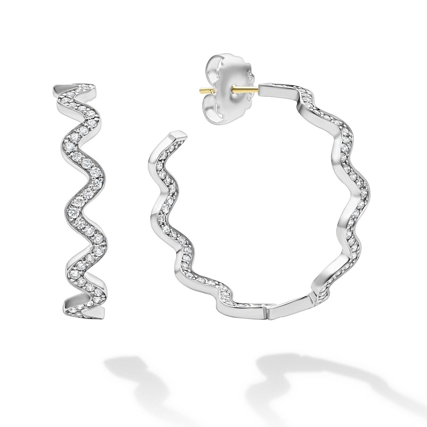 Lagos Large Wave Diamond Hoop Earrings in Sterling Silver