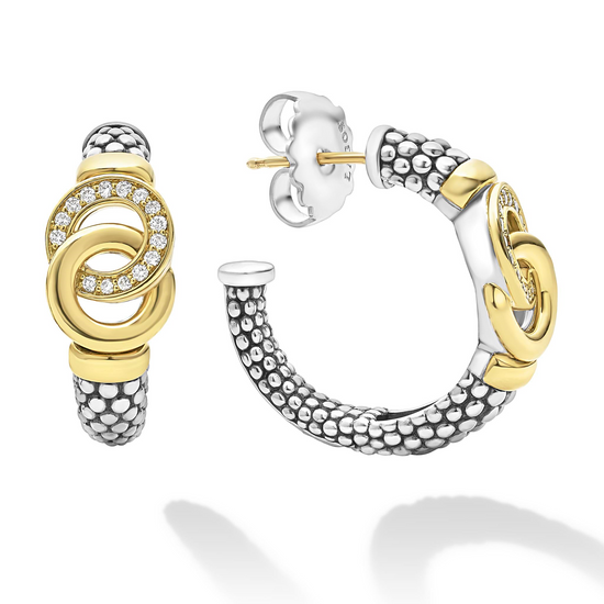 Lagos Two-Tone Interlocking Diamond Hoop Earrings in Sterling Silver and 18k Gold