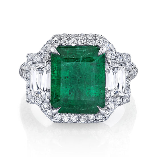 Joshua J Platinum 3ct Emerald Three Stone Ring w/ Trapezoid-Cut Diamond Sides