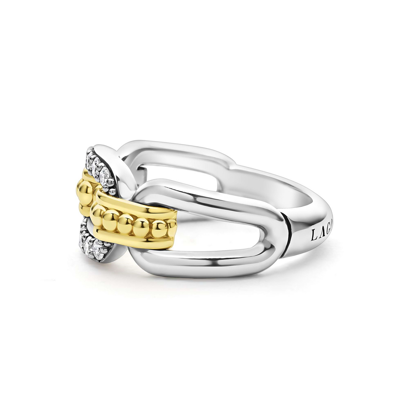 Lagos Two-Tone Link Diamond Ring in Sterling Silver and 18k Gold