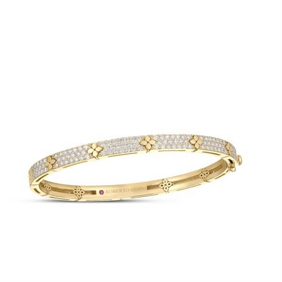 Roberto Coin 18k Gold Love in Verona Pave Diamond & Polished Flower Narrow Bangle