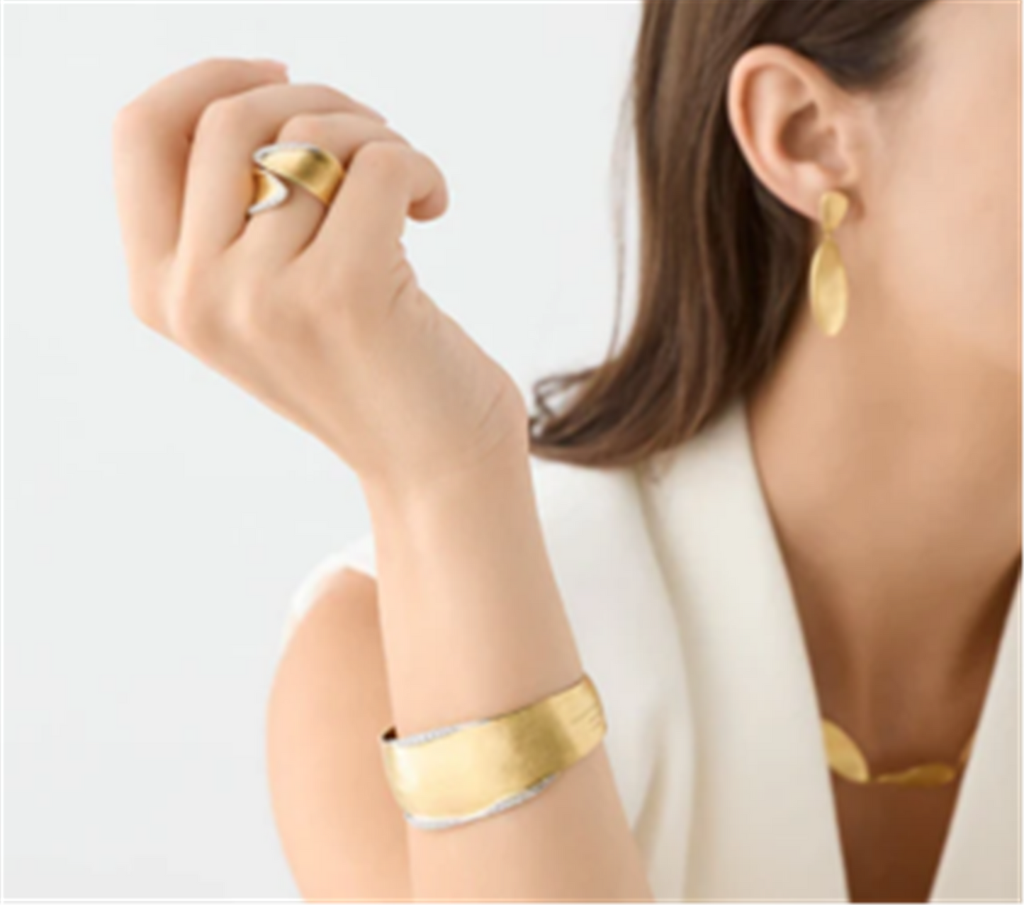 Marco Bicego Lunaria Cuff Bangle with Diamond Pavé in 18k Two-Tone Gold, Large-Width