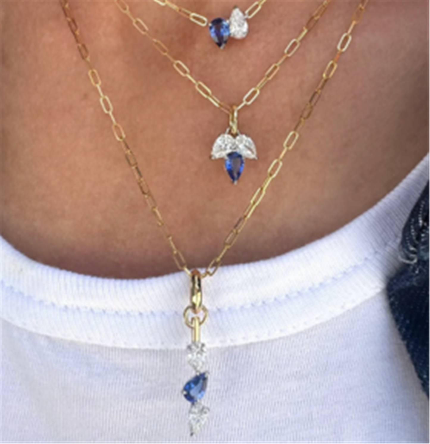 Phillips House Triple Leaf Diamond & Blue Sapphire Pear Necklace in 18k Yellow Gold & Platinum