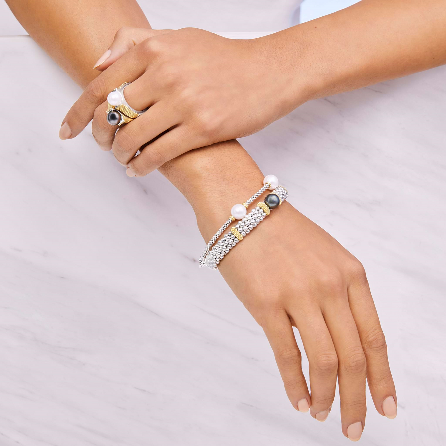 Lagos Two-Tone Tahitian Black Pearl Caviar Bracelet
