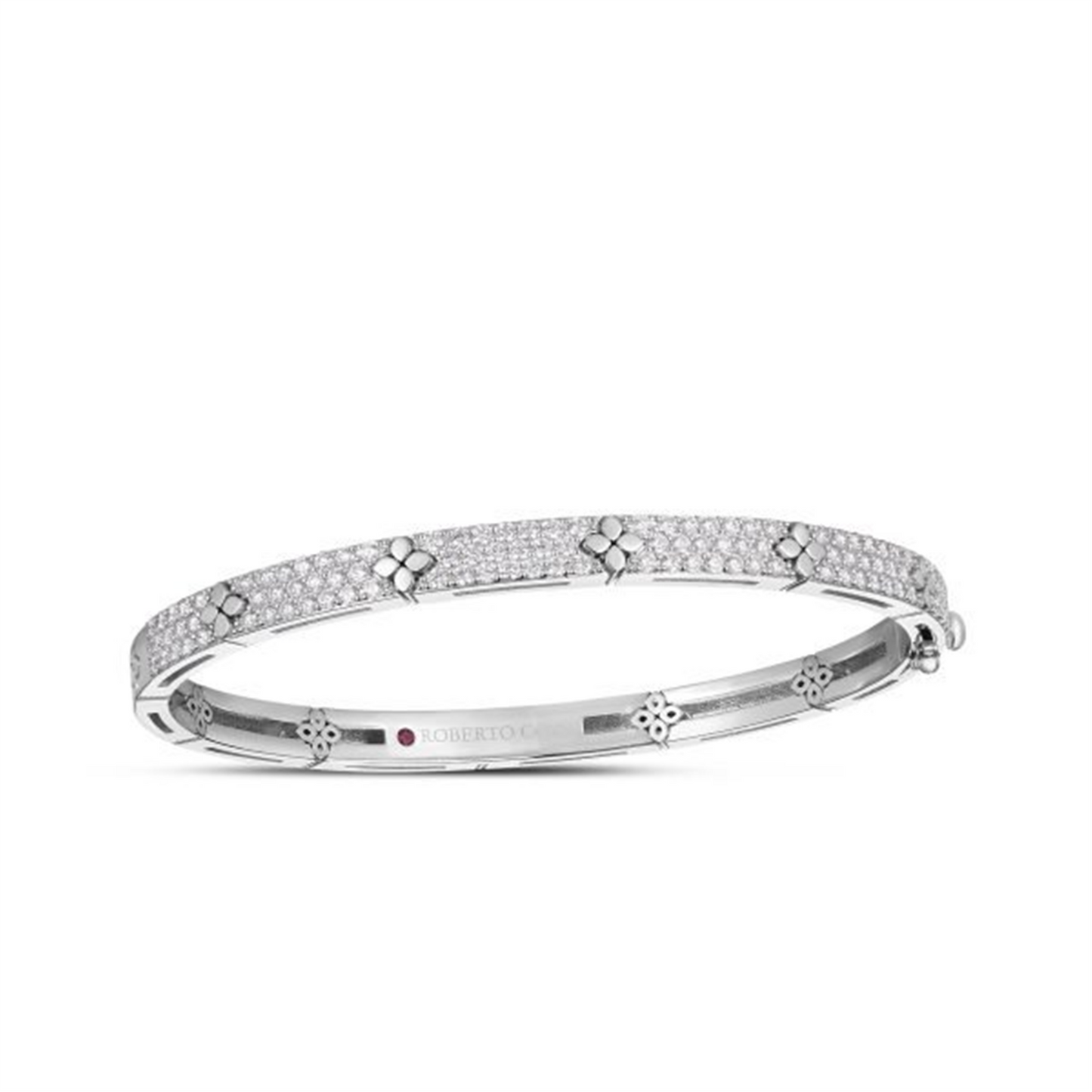 Roberto Coin White Gold Love in Verona Pave Diamond & Polished Flower Narrow Bangle