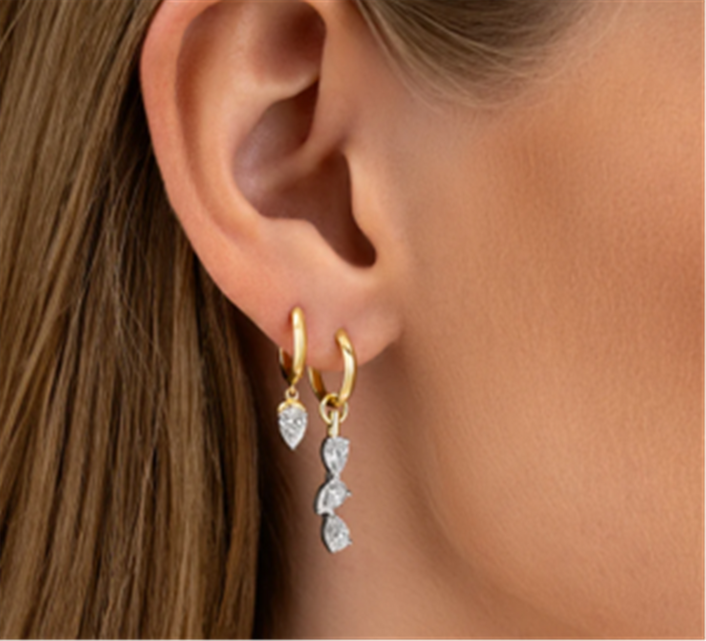 Phillips House Pear Shaped Diamond Triple Drop Huggie Earrings in Platinum & 18k Gold