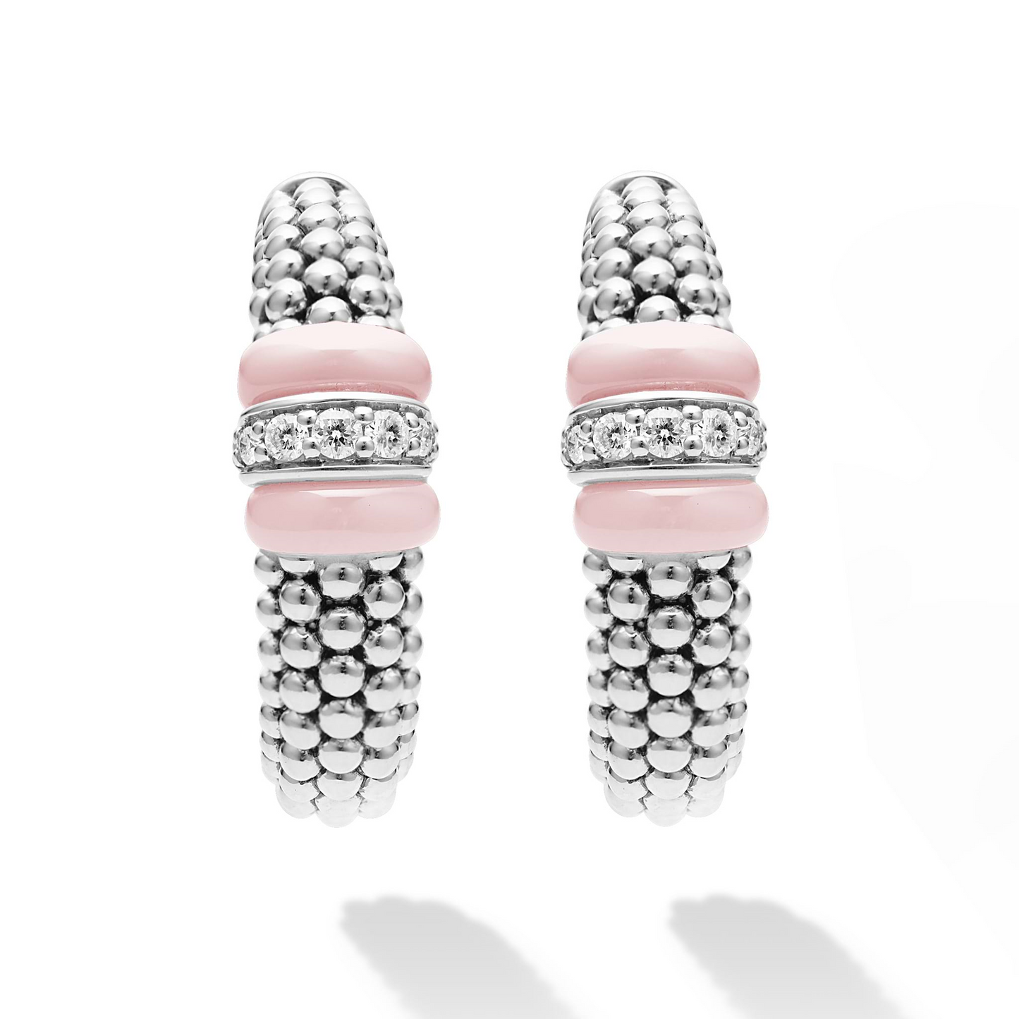 Lagos Pink Ceramic Caviar Hoop Earrings w/ Diamonds