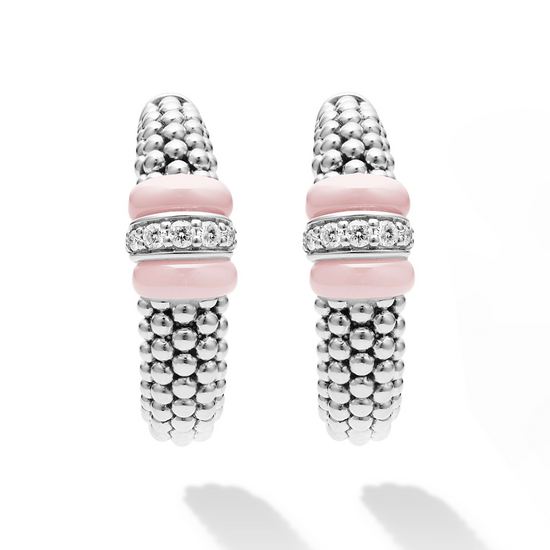 Lagos Pink Ceramic Caviar Hoop Earrings w/ Diamonds