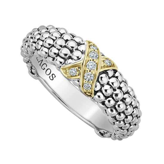 Lagos Two-Tone X Caviar Diamond Ring in Sterling Silver and 18k Gold