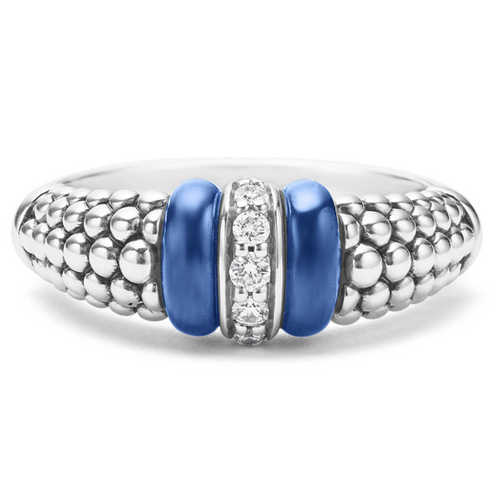 Lagos Ultramarine Ceramic and Diamond Caviar Ring in Sterling Silver