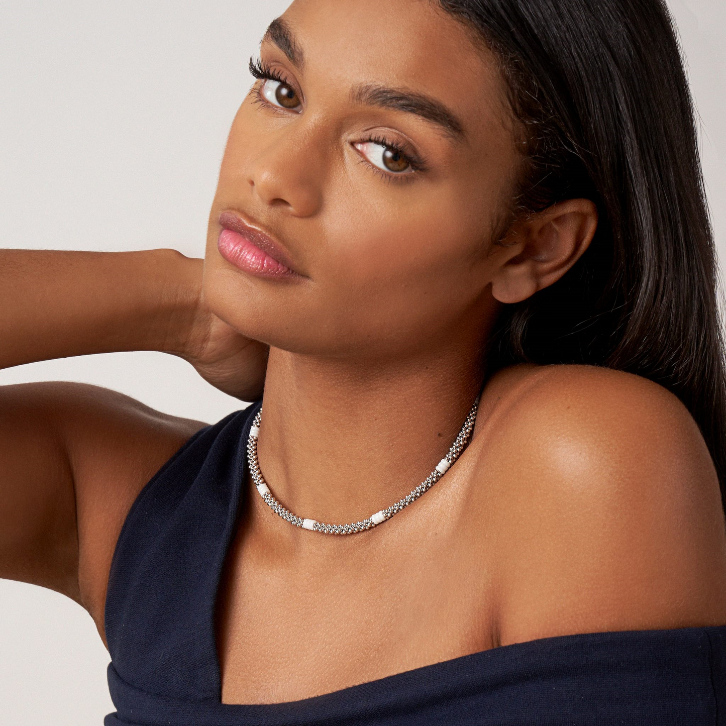 Lagos White Ceramic Three Bead Station Caviar Necklace