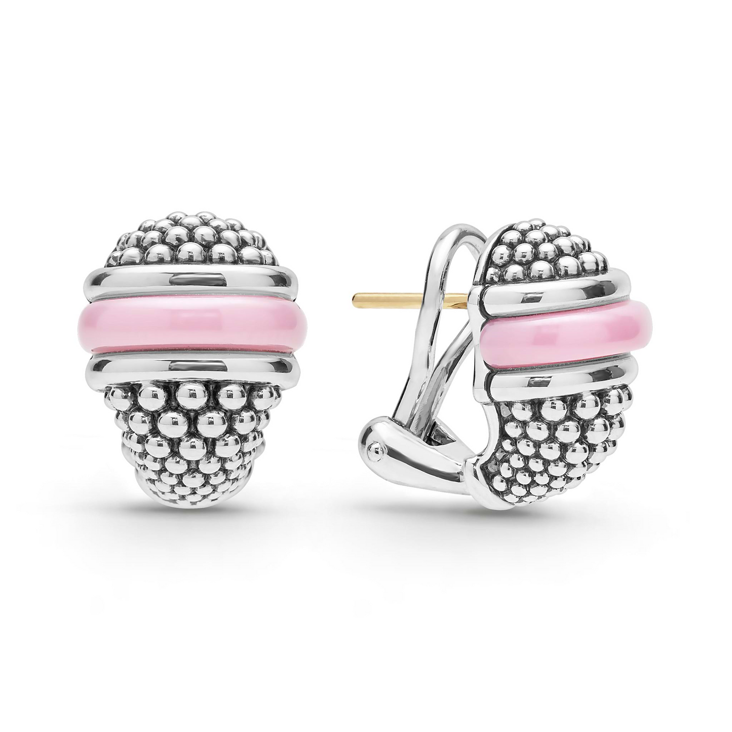 Lagos Ceramic Caviar Omega Clip Earrings in Sterling Silver and Pink Ceramic