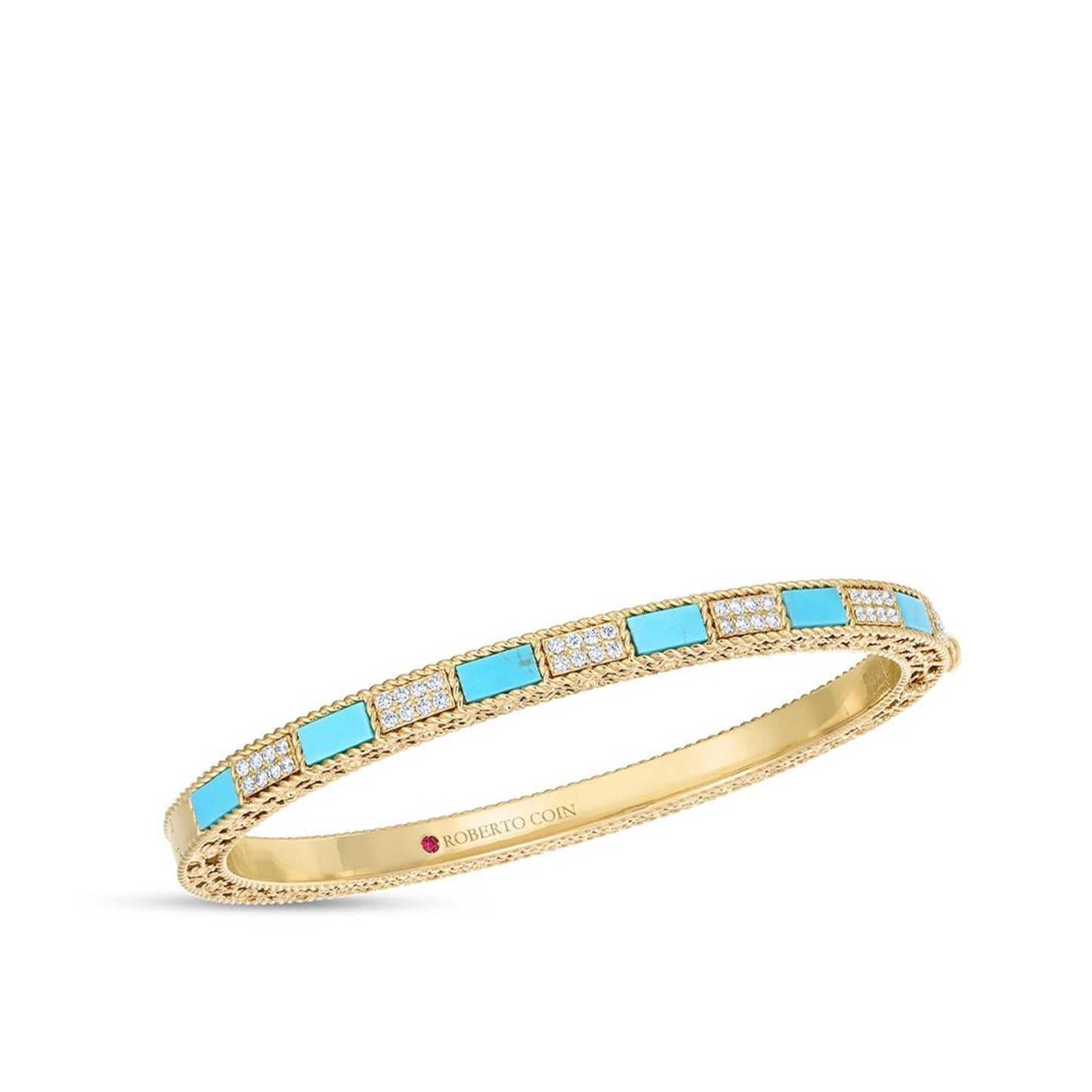 Roberto Coin Art Deco Diamond and Turquoise Bangle Bracelet in 18k Yellow Gold