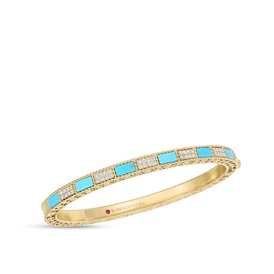 Roberto Coin Art Deco Diamond and Turquoise Bangle Bracelet in 18k Yellow Gold