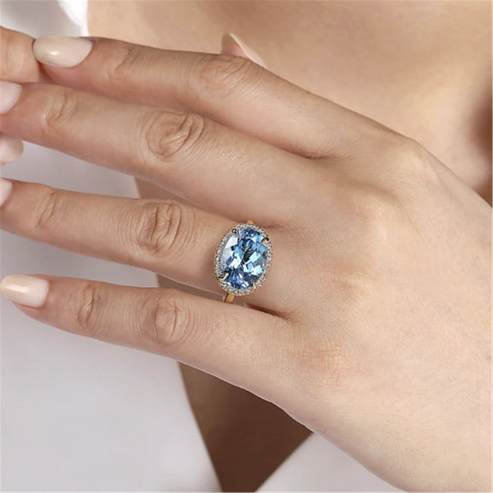 GGabriel & Co. Gold Diamond & Oval Blue Topaz Ladies Ring