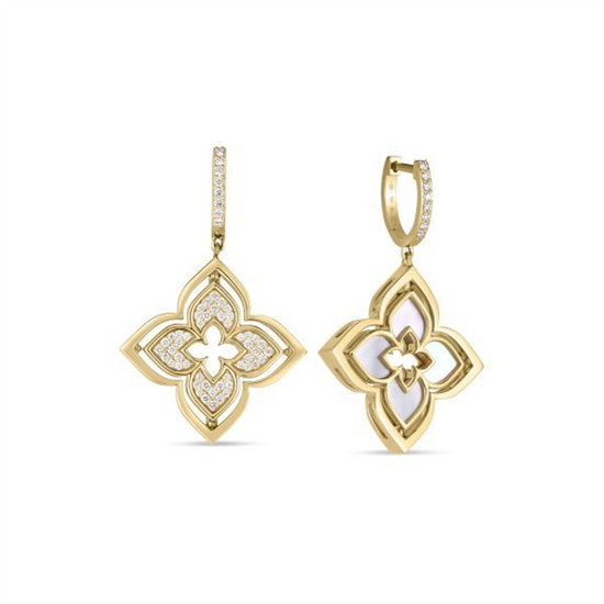 Roberto Coin Gold Venetian Princess Pirouette Pave Diamond & Mother of Pearl Flower Earrings