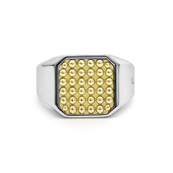 Lagos Two-Tone Caviar Beaded Square Ring in Sterling Silver & 18k Gold