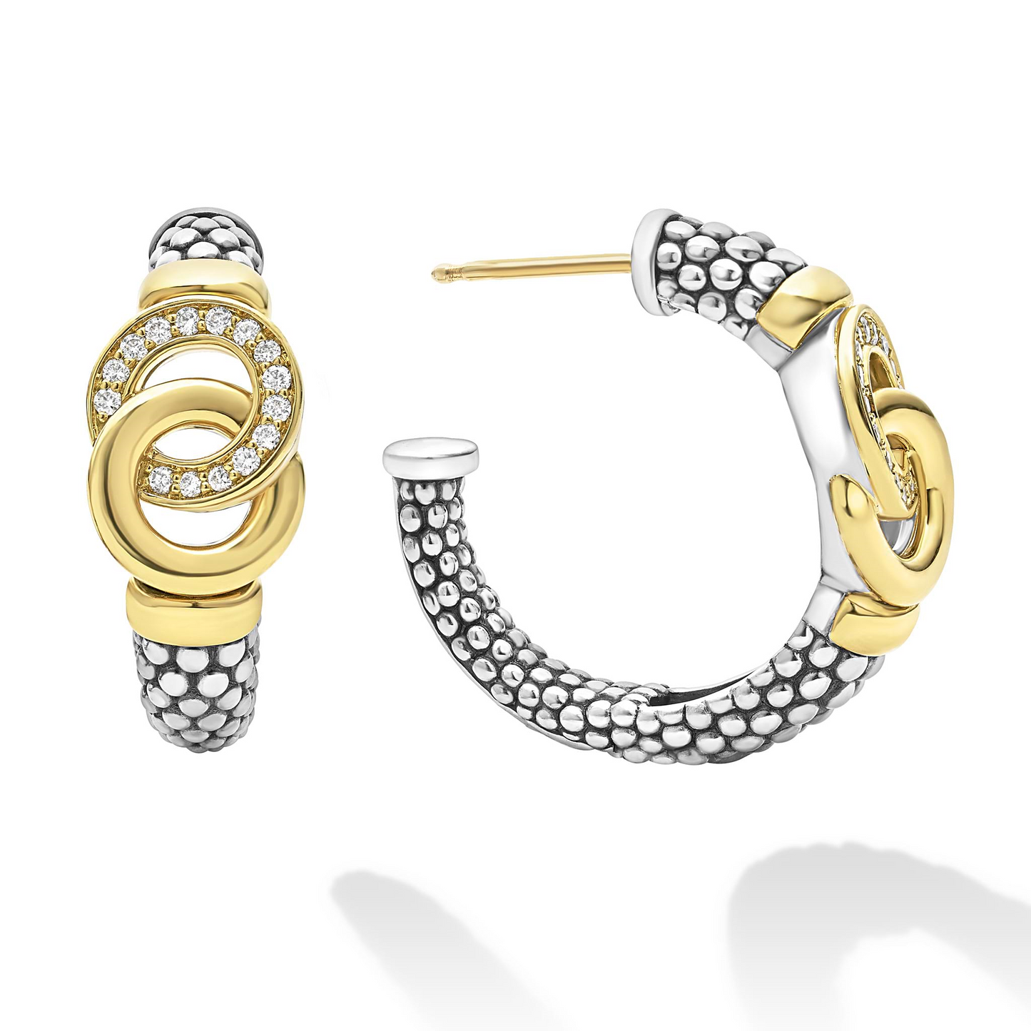 Lagos Two-Tone Interlocking Diamond Hoop Earrings in Sterling Silver and 18k Gold