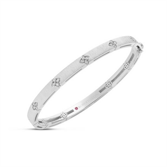 Roberto Coin Love in Verona 18k White Gold Narrow Diamond Accent Satin Finish Bangle