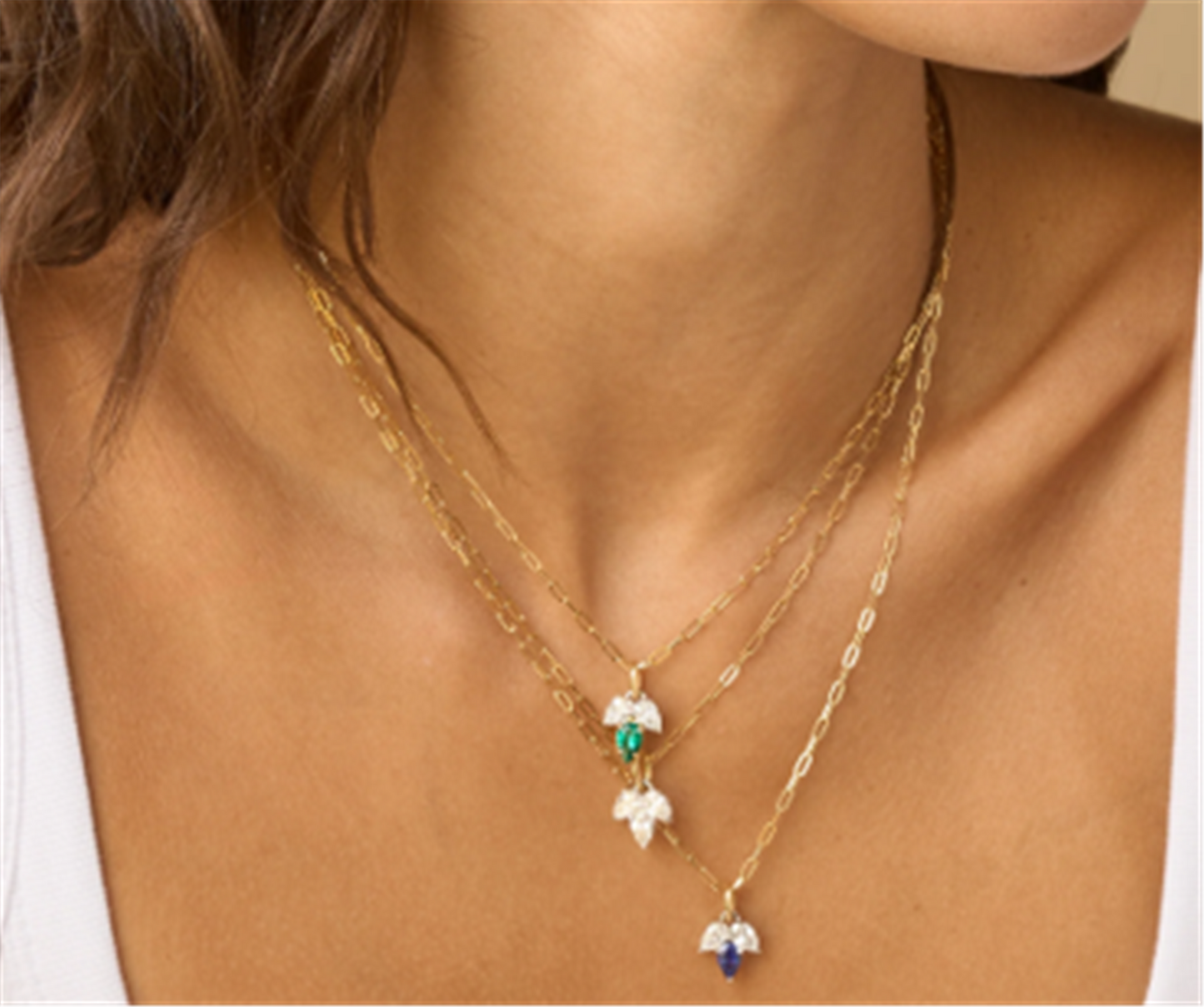 Phillips House Triple Leaf Diamond & Blue Sapphire Pear Necklace in 18k Yellow Gold & Platinum