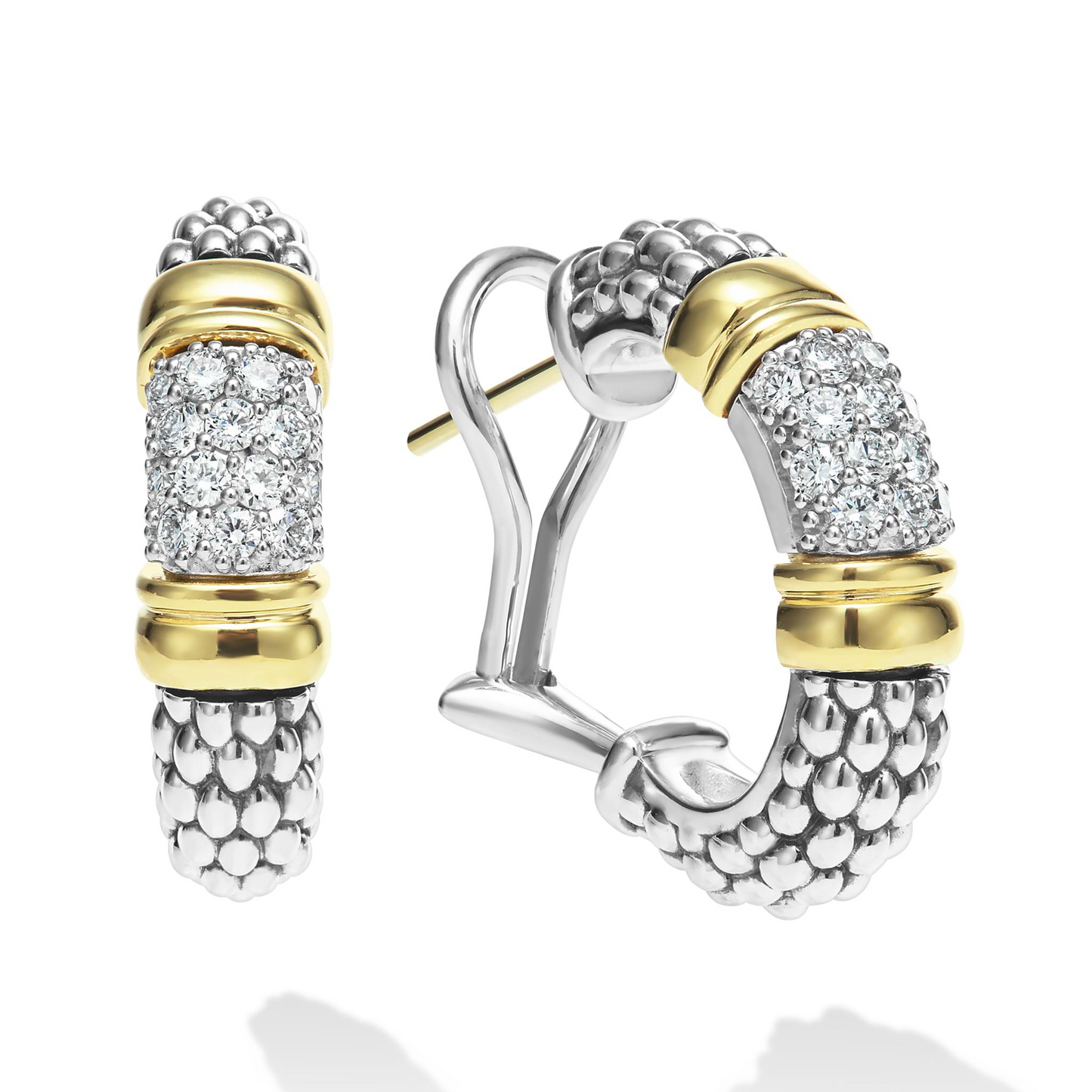 Lagos Two-Tone Caviar Diamond Hoop Earrings in Sterling Silver and 18k Gold