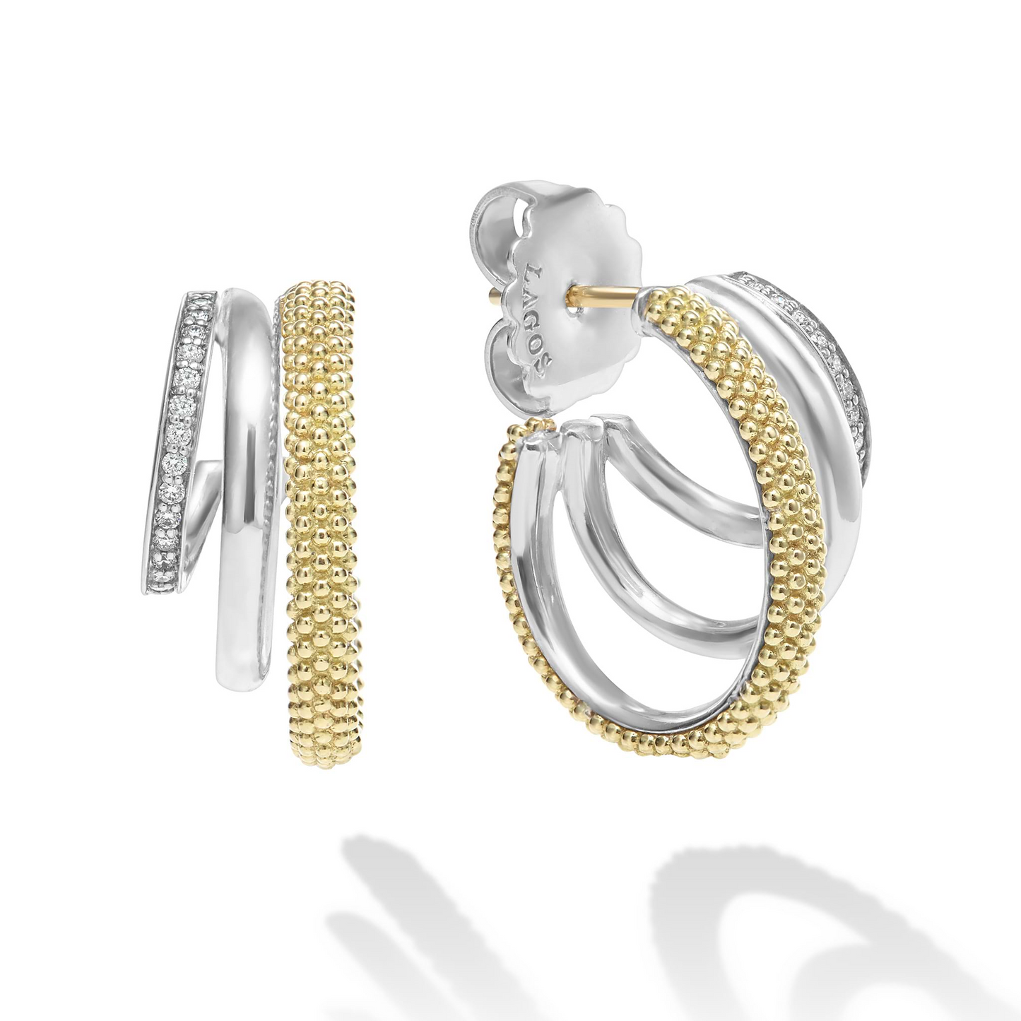 Lagos Two-Tone Three Ring Diamond Hoop Earrings in Sterling Silver & 18k Gold