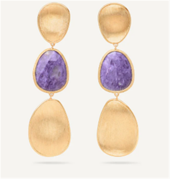 Marco Bicego Lunaria Three-Drop Charoite Earrings in 18k Gold