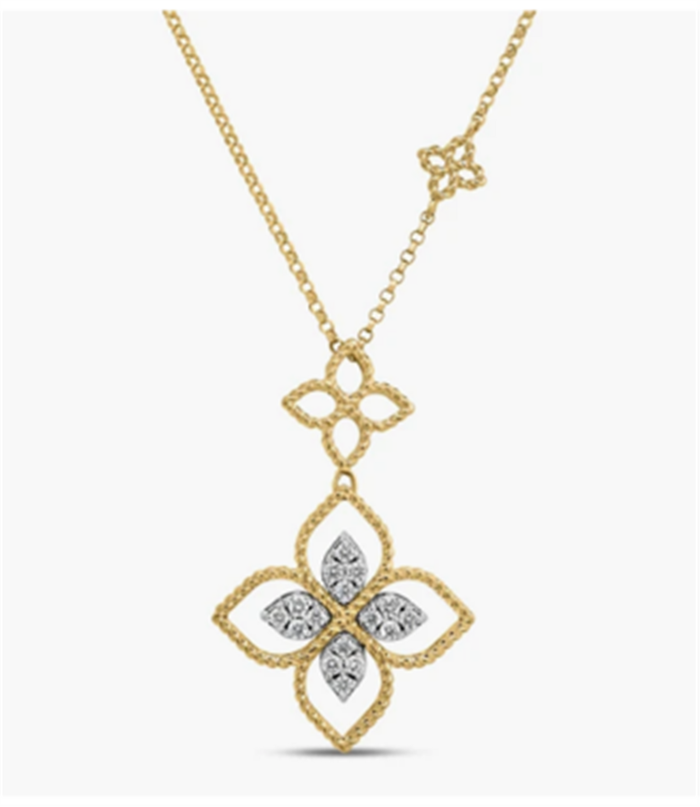 Roberto Coin Princess Flower Open Frame Pave Diamond Double Flower Necklace in 18k Yellow Gold