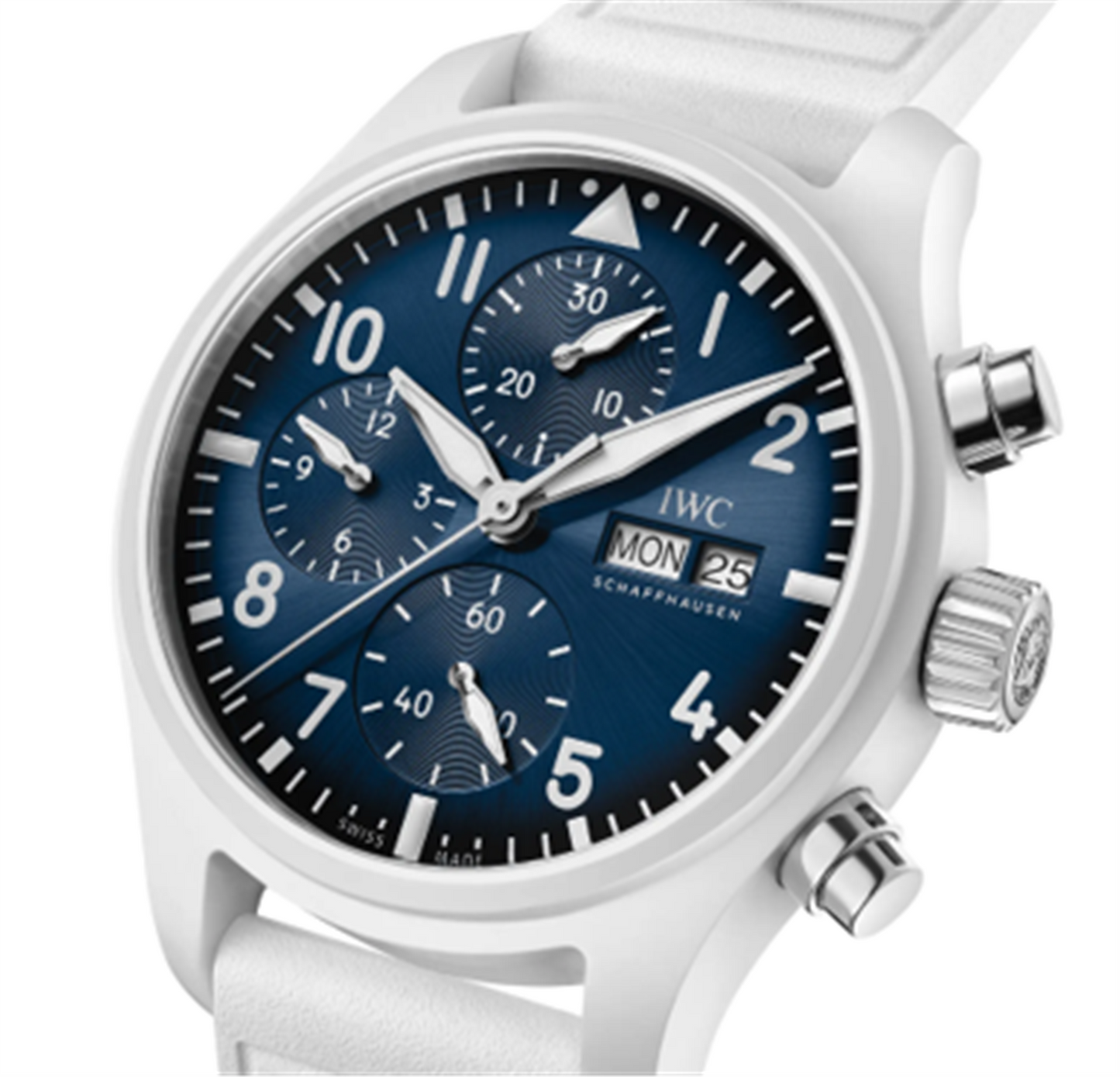 IWC Schaffhausen Ceramic Pilot's Watch Chronograph 41 Le Petit Prince w/ Blue Dial & White Strap