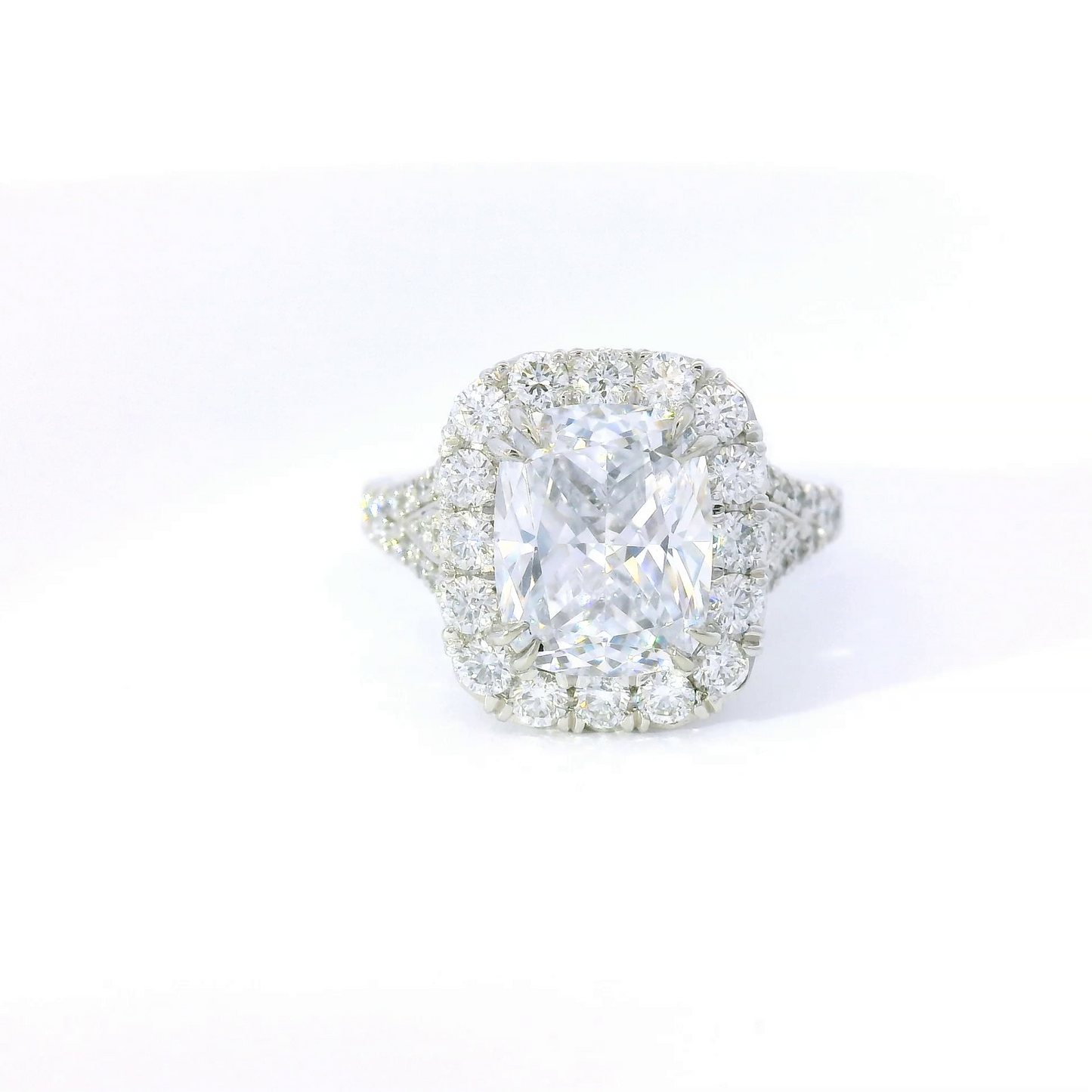 C. Gonshor Radiant Center w/ Diamond Halo & Split Diamond Sides Engagement Ring Setting