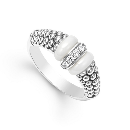 Lagos White Ceramic and Caviar Diamond Ring in Sterling Silver