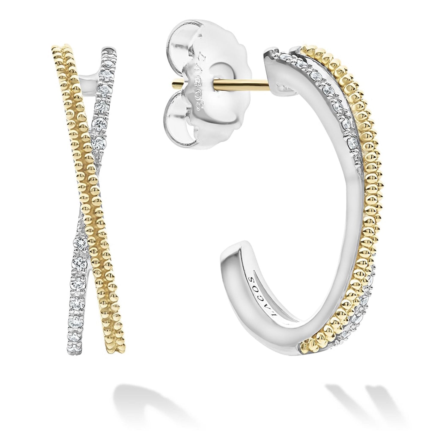Lagos Thin Two-Tone Caviar X Diamond Hoop Earrings